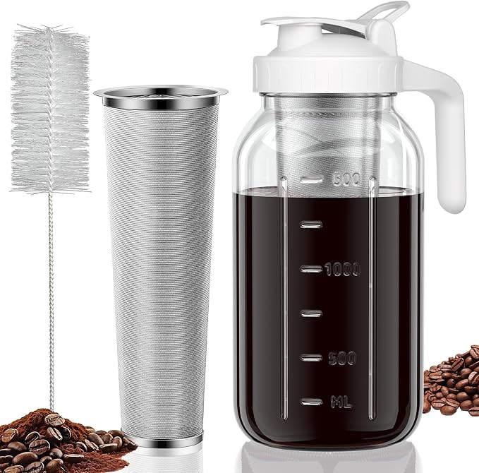 Cold Brew Coffee Maker, 64 oz Glass Mason Jar Pitcher | 100μm stainless steel filter, wide mouth design, leak-proof lid with handle, pour spout for iced coffee, tea and cold drinks