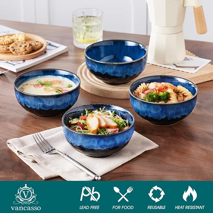 vancasso Starry 24oz Bowls for Soup, Ceramic Blue bowls Set of 4 | Deep Bowls for Cereal, Salad and Oatmeal, Dishwasher & Microwave Oven Safe