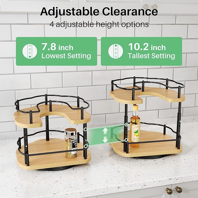 SNTD Lazy Susan Organizer Spice Rack - Spice Organization for Cabinet Height Adjustable Rotating Lazy Turntable, Pantry Kitchen Wood Revolving Seasoning Organizer (Natural, 9 Inch)