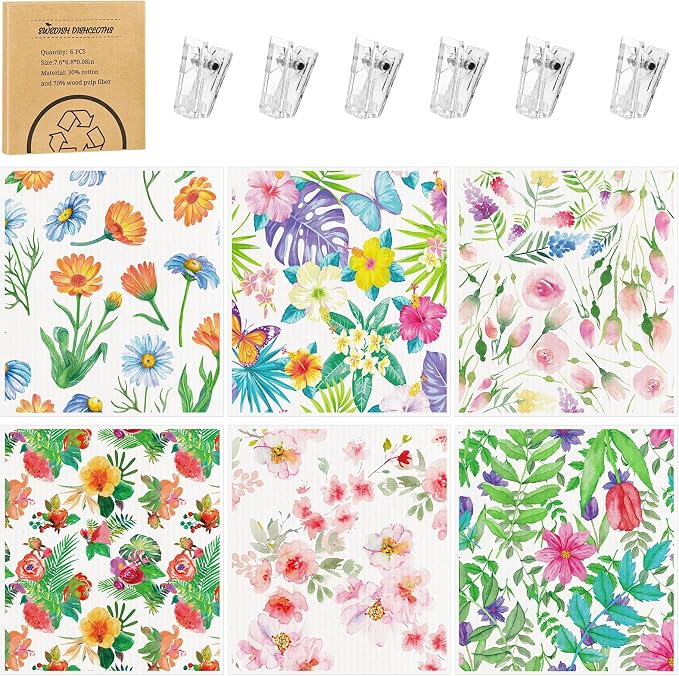 Needbrock 6 Pack Spring Floral Swedish Dishcloths for Kitchen, Swedish Rag | Absorbent Dish Towel with Adhesive Clips, Reusable Paper Towels No Odor for Countertop Dishes Cleaning Kitchen