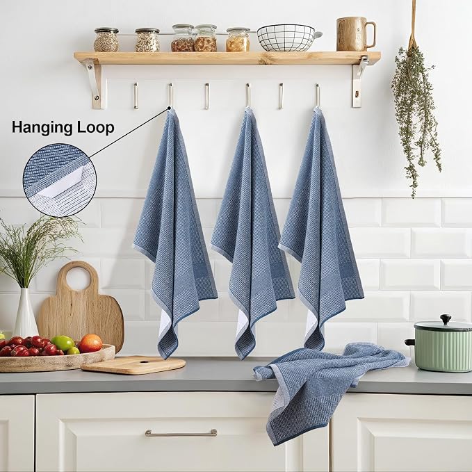 Mordimy Premium Large Cotton Kitchen Towels (18"x 28", 6 Pack), Navy Blue | 100% Ring Spun Cotton, Super Absorbent, 380 GSM, Flat & Terry, Soft, Hanging Loop Dish Towels