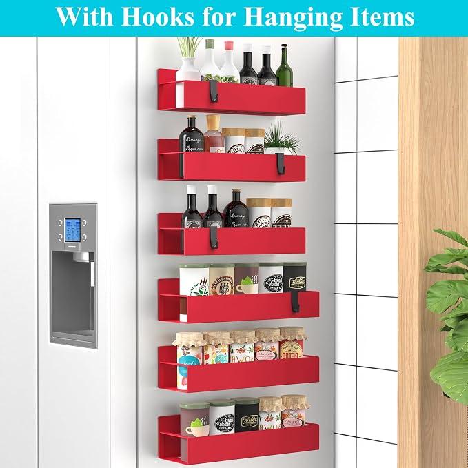 Metal Magnetic Spice Rack for Refrigerator Red, 6 Pack | Magnetic Shelves Heavy Duty for Fridge in Kitchen, Seasoning Storage Organizer, For Oven Washer and Dryer, For Heavier Items