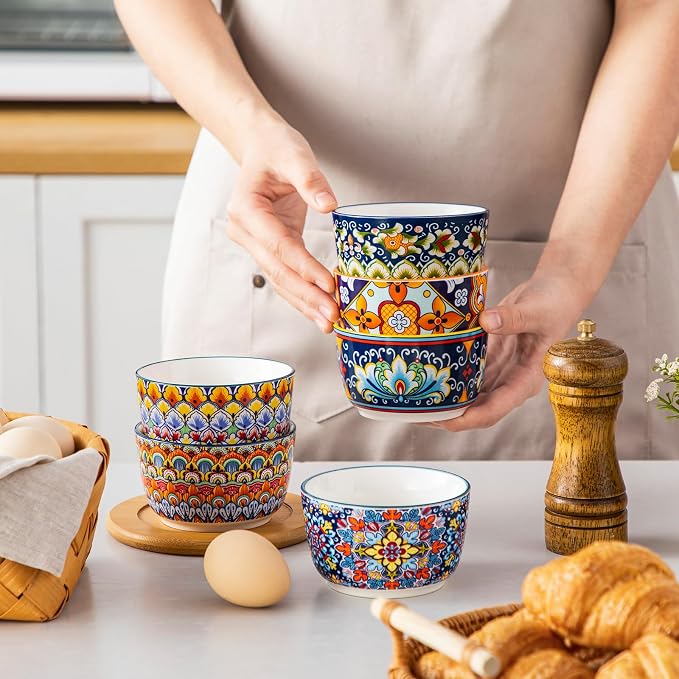 vancasso 8 Oz Ramekins Oven Safe Set of 6, Ceramic Baking Souffle Dishes | Bohemian Ramekins for Creme Brulee, Souffle, Custard, Pudding, Small Bowls for Snacks, Ice Cream, Microwave & Dishwasher Safe