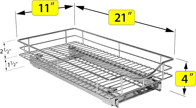 LYNK PROFESSIONAL® Pull Out Cabinet Organizer, Kitchen Slide Out Drawer | 11W x 21D chrome rollout shelf creates easy-access storage for cookware, pantry items and kitchen essentials inside cabinets