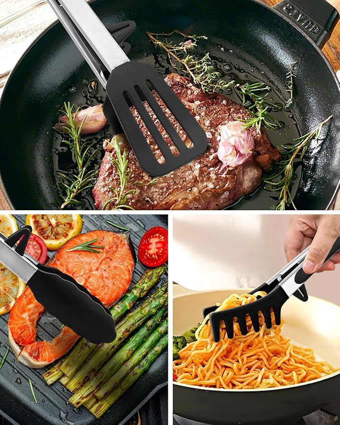 Kitchen Tongs for Cooking, Non Scratch Silicone Tip for Nonstick Cooking Pans, Food Grade Mini Serving Tongs, Pull Lock, Set of 3 (Black, 12 inch)