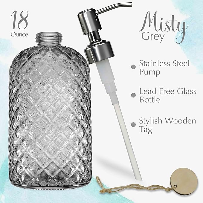 JASAI 18Oz Smoky Gray Glass Soap Dispenser with Rust Proof Pump | Refillable Dish soap Dispenser for Kitchen, Bathroom Soap Dispenser for Dispense Hand soap, Lotion.