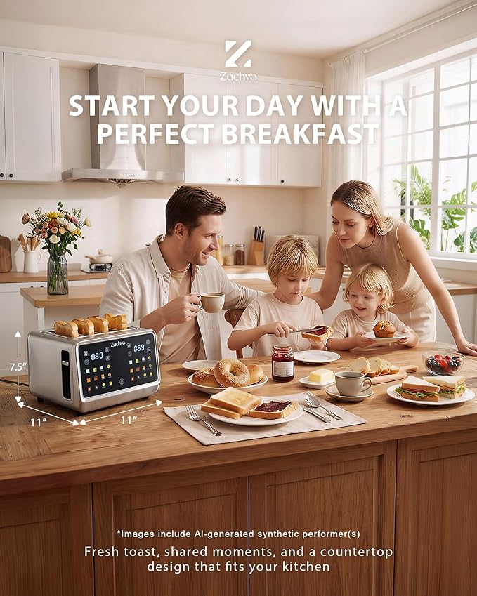 4 Slice Smart Toaster with Dual Independent Controls for Family Breakfast | Touchscreen, 1.5" Extra-Wide Slots, 6 Bread Modes, 6 Shade Levels, One-Sided Bagel Toasting, Defrost, Reheat, Stainless Steel