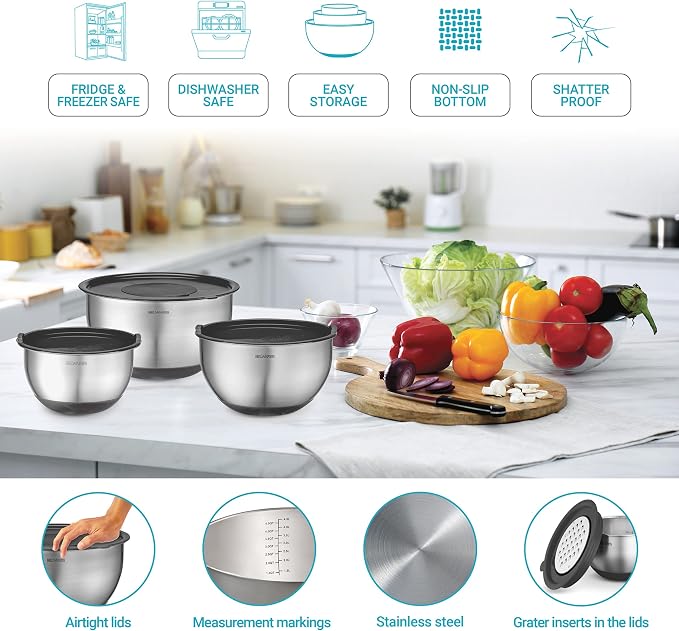 Belwares Mixing Bowls with Lids Set of 5 and 3 Graters, Stainless Steel | Non-Slip Silicone Base, Nesting Bowls Space-Saving for Baking, Food Prep, Storage, Dishwasher Safe, Airtight Lids, Black