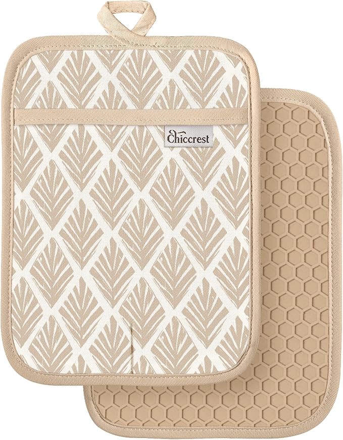 100% Cotton Pot Holders Textured Silicone Beige Gingham | Stylish Pot Holders 2pcs, Machine Washable Non-Slip Heat Resistant Hot Pads & Oven Mitts 2-in-1, Practical Kitchen Decor