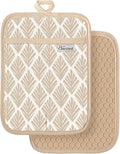 100% Cotton Pot Holders Textured Silicone Beige Gingham | Stylish Pot Holders 2pcs, Machine Washable Non-Slip Heat Resistant Hot Pads & Oven Mitts 2-in-1, Practical Kitchen Decor