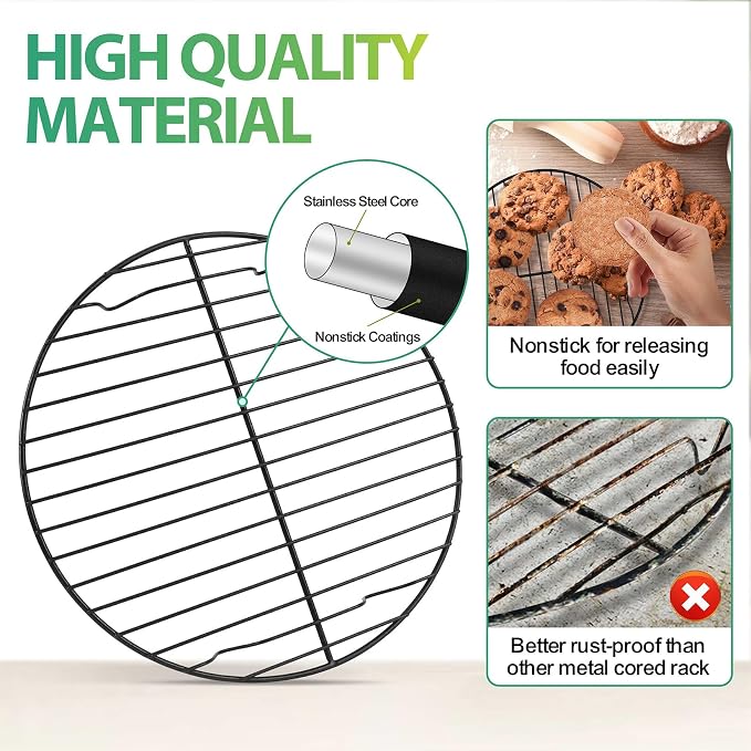 P&P CHEF 9 Inch Cooking Rack Round for Steaming Cooling, Black, 2 Pack | Stainless Steel Round Wire Rack for Baking Grilling, Roasting, Fits Air Fryer, Steamer Pot, Oven & Dishwasher Safe