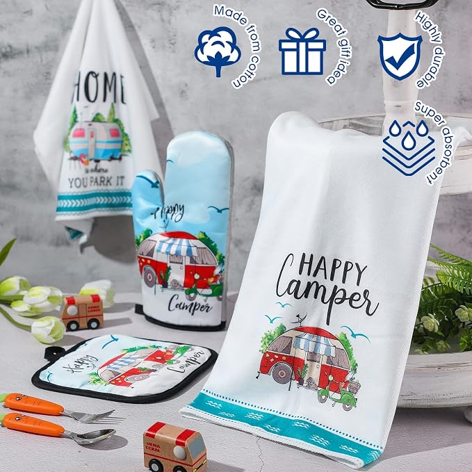 CHENGU 4 Pcs Camping Dish Towel Pot Holder Oven Mitt Gifts Camping Must Have Accessories Essentials Making Memories One Campsite at a Time RV Kitchen Towel Absorbent Soft Hand Dishcloth