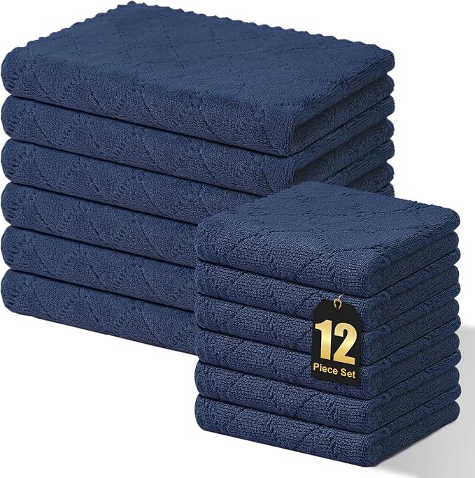 Homaxy Super Soft 12 Pack Kitchen Towels and Dishcloths Set, Navy Blue | Ultra-Absorbent, 10 x 10 and 13 x 19 Inches, Coral Velvet, No Lint, Nonstick Oil, Fast Drying, Microfiber Cleaning Cloth