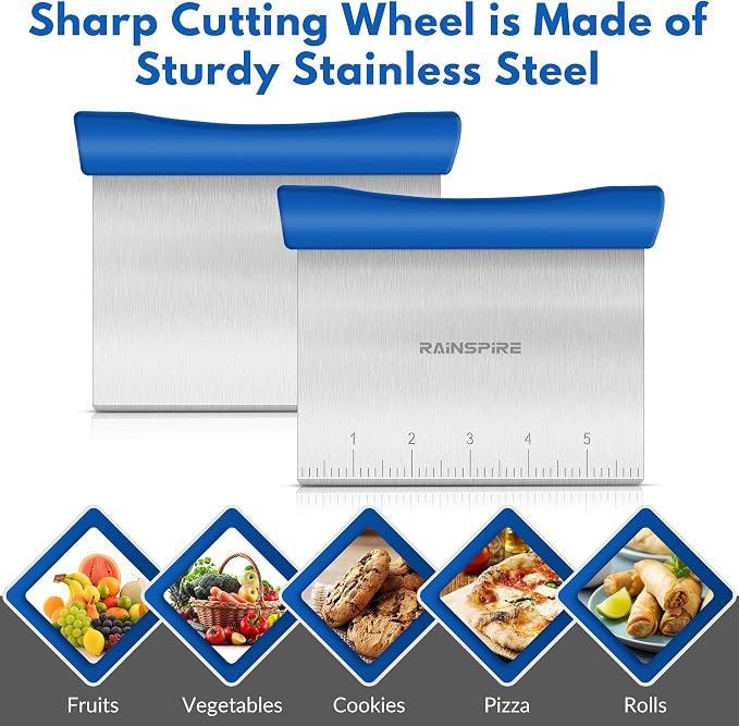 Upgraded 304 Stainless Steel Multi-Purpose Bench Scraper with Measurement Marks, Dishwasher Safe, Dough Cutter for Pizza, Bread and Cookie Dough Vegetable Chopper, Baking Supplies, Dark Blue