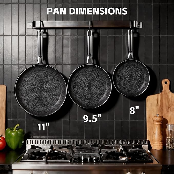 Ammeloo Hybrid Tri-Ply Stainless Steel Frying Pan Set, 8"/9.5"/11" Cooking Pans, Non Stick Frying Pans and Skillets, Chef Pan, Non Toxic, Dishwasher Safe, Induction Compatible, Black Interior