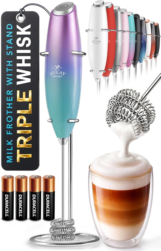 Zulay Kitchen Powerful Milk Frother Wand With Duracell Batteries - Ultra Fast Handheld Drink Mixer - Electric Whisk Foam Maker for Coffee, Lattes, Cappuccino & Matcha - Triple Whisk - Lunar Aurora