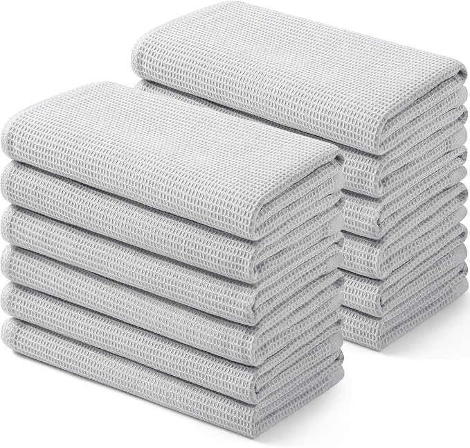 Homaxy 100% Cotton Waffle Weave Kitchen Towels, 12 Pack, Light Grey | Soft and Absorbent Dish Towels, 16 x 26 Inches Quick Dry Hand Towels