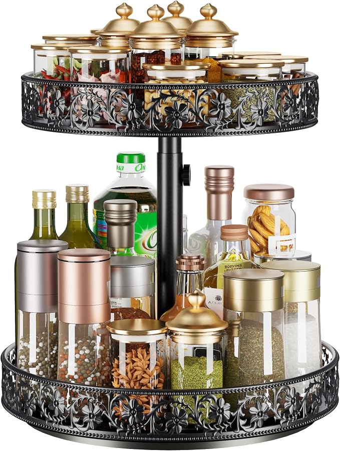 2 Tier Lazy Susan Organizer Turntable Height Adjustable, Black | 12 Inch Two Tier Lazy Susan,Metal Easy Assembly Spice Rack Organizer Rotating for Cabinet Dining Table Top Kitchen Countertop