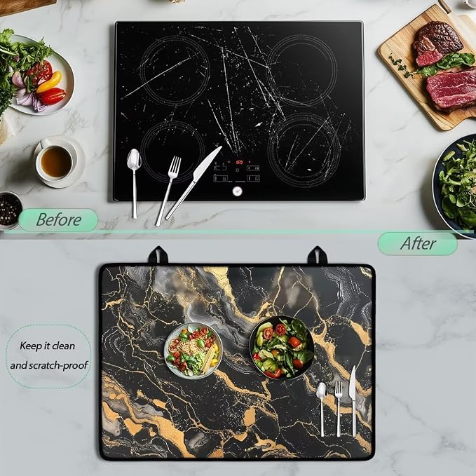 Black Gold Marble Texture Print Electric Stove Top Cover 29.18 x 20.96 inch Glass Cooktop Cover with Lanyards Dish Drying Mat Anti-Slip Range Covers Pad for Glass Top Stove