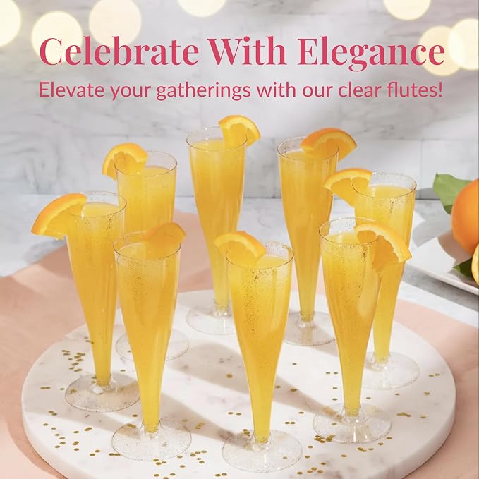 Prestee 24 Plastic Champagne Flutes - Gold Champagne Flutes Plastic - Gold Disposable Mimosa Flute - Party Supplies - Disposable Cocktail Glasses - Mimosa Bar, Wedding, Shower Party