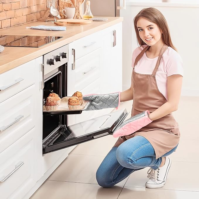 6Pcs Cotton Oven Mitts and Pot Holders Set Heat Resistant Hot Pads Durable Pocket Pot Holder Machine Washable BBQ Gloves with Hanging Loop for Safe Kitchen Baking Cooking Grilling Pink