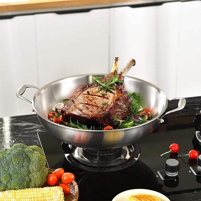 14.5 Inch Stainless Steel Wok with Steel Lid | Jumbo Cooker | Dual Handles | Large | Uncoated Tri-Ply Stir Fry Pan | Everyday Cooking Wok for Induction | Flat Bottom | PFOA-FREE | 6-8 Servings ﻿