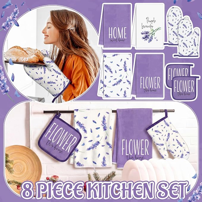 Leinuosen 8 Pcs Purple Lavender Kitchen Towels and Dishcloths Sets Oven Mitts and Pot Holders Sets Absorbent Kitchen Gloves Potholders Heat Resistant for Chef Baking Cooking
