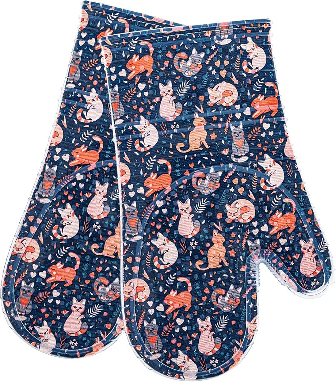 Oven Mitts with Transparent Clear Silicone Shell and Nice Cat Printing | Kitchen Mittenes Cotton Lining Set of 2, Heat Resistant to 500 F Oven Gloves Pot Holder for Cooking (Navy, Cat, mitts)