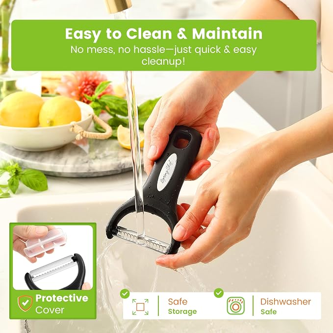 Spring Chef Swivel Potato Peeler & Julienne Vegetable Peeler w/Soft Handle | Premium Multifunctional Peelers for Kitchen with Sharp Stainless Steel Blades & Blade Covers, Dishwasher Safe Veggie Peelers