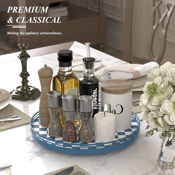 Blue and White Checkerboard Lazy Susan with Rubberwood Base and Metal Rail | Smooth rotating oak tray with walnut finish for dining tables, kitchen counters, pantries and cabinet storage.