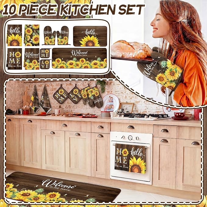 Fourluoo 10 Pcs Sunflower Kitchen Set Kitchen Towels and Rugs Mats Oven Mitts and Pot Holders Sets Brown Woodgrain Decor for Cooking Baking Grilling Gift