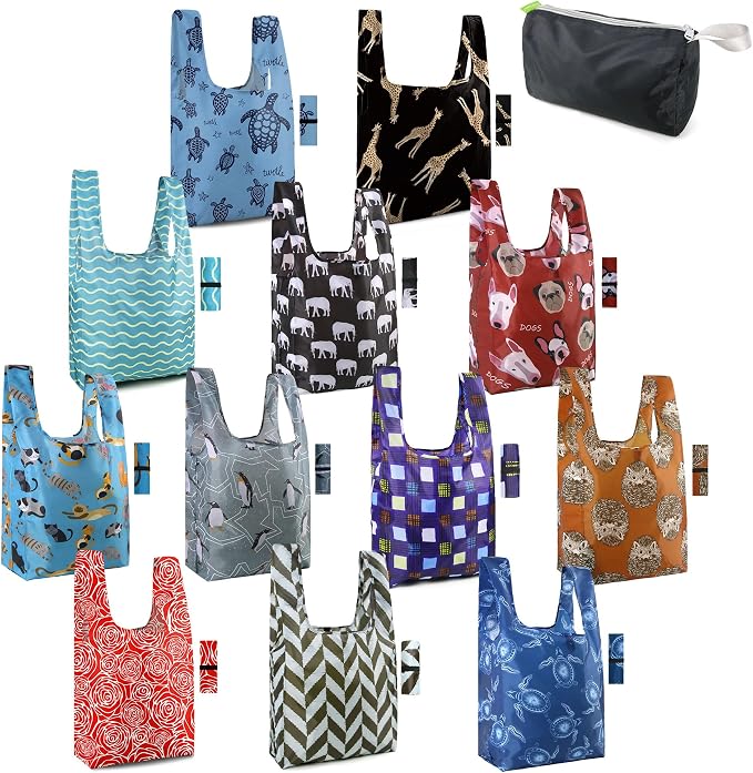 BeeGreen Geometry Reusable Grocery Bags Bulk Gifts 12-Pack - Large Tote with Zipper Pouch | Foldable & Washable Polyester Shopping Bags Heavy Duty Animal Lover Gifts Reusable Bag With Handles
