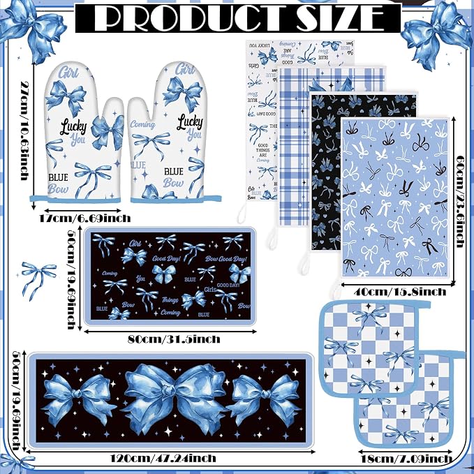 Fourluoo 10 Pcs Blue Bow Kitchen Decor Set Dish Towels Kitchen Rugs Oven Mitts and Pot Holders for Cooking Baking Grilling Women Mom Gift