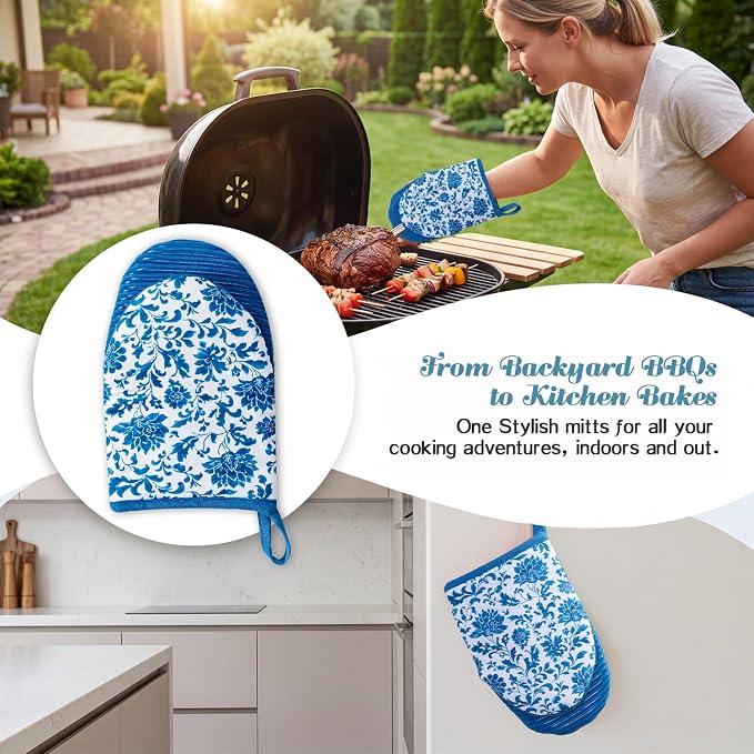 Ribbed Mini Oven Mitts 2-Pack Set, 5.5"x8.5", Blue and White Flower Printed, Heavy Duty Cotton, Non-Slip Heat Resistant Soft Silicone Oven Mitts with Hanging Loop for Cooking Kitchen Decor