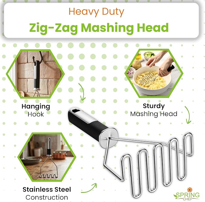 Spring Chef Stainless Steel Potato Masher, Heavy Duty Mashed Potato Smasher | Fruit & Food Smasher For Avocado, Banana, Eggs - Bean Smasher Tool - Durable Metal Mashing Kitchen Tool, Dishwasher Safe