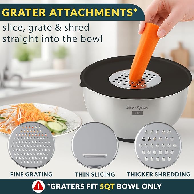 Stainless Steel Mixing Bowls with Lids Set of 5, 3 Graters, Black | Nesting Design with Airtight Covers & Non-Slip Base – Mirror Finish for Food Prep, Storage, Baking & Serving