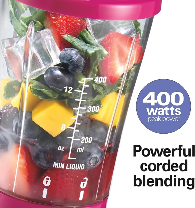 Hamilton Beach Portable Blender for Smoothies With 14 oz. Travel Jar | BPA Free Jar & Lid | Durable Stainless Steel Blades | 300 Watts Peak Power | Personal Smoothie Blender | Raspberry | 51131G