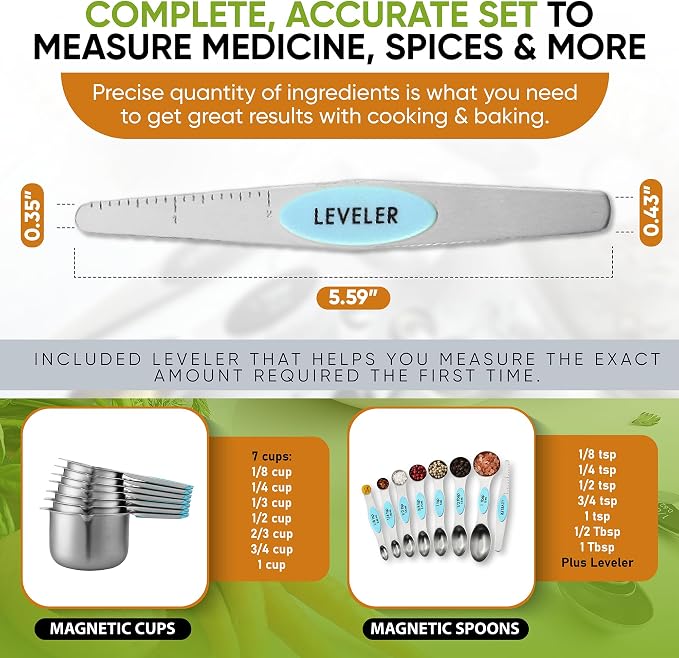 Spring Chef Magnetic Measuring Cups & Spoons Set of 15, Patented, Aqua Sky | Stackable Stainless Steel Measuring Cups & Heavy Duty Metal Measuring Spoons with Levelers for Dry & Liquid Ingredients