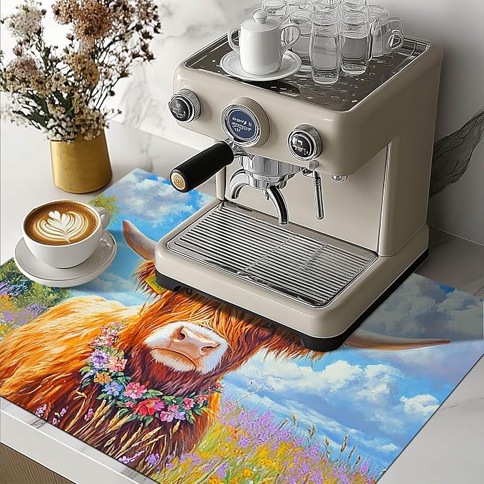HOMETITUTE Highland Cow Stove Top Cover 28x20 Floral Field Diatomite Mat
