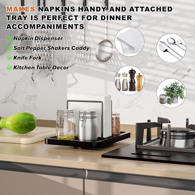 Rotating Napkin Holder for Table with Salt Pepper Shakers Caddy, Black | Bamboo Standing Napkin Dispenser, Metal Paper Napkin Storage for Bathroom Home Kitchen Farmhouse Decor Not Including Shakers