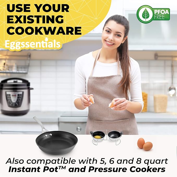 Egg Poacher Insert Stainless Steel Poached Egg Cooker Eggs Poaching Cup PFOA Free Egg Poachers Nonstick, 6.25" Rack Compatible with Skillet Instant Pot Pressure Cooker, 2 Poached Cups