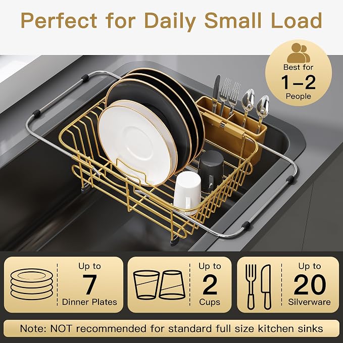 JASIWAY Gold Dish Drying Rack in Sink with Utensil Holder, RV, Apartment | Over Sink Expandable Stainless Steel Dish Drainers for Compact Kitchen, Space Saving, Fast Drain, Rustproof, For 1-2 people