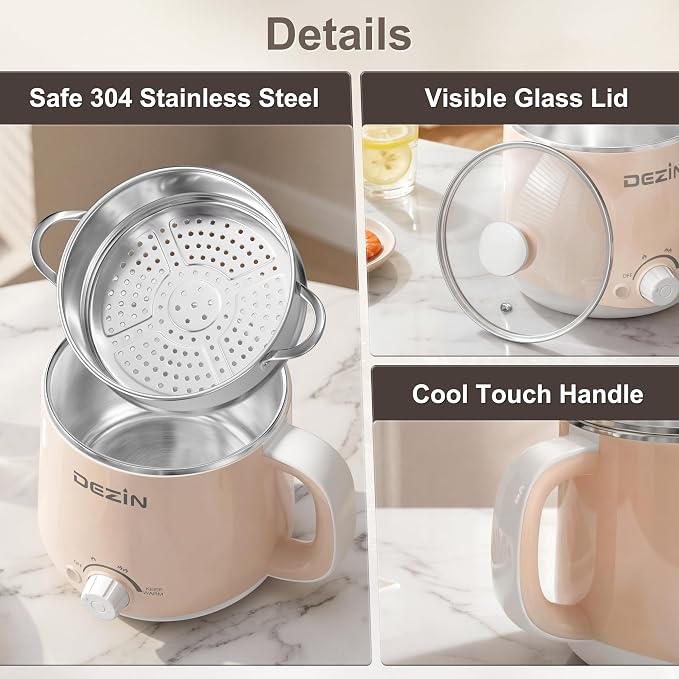Dezin 1.6L Electric Pot with Steamer, Stainless Steel Pot with Dual Power | Keep Warm, Rapid Cooker, for Ramen, Egg, Dumpling, Soup & Oatmeal, Overheat & Boil-Dry Protection, Ideal for Dorm & Office