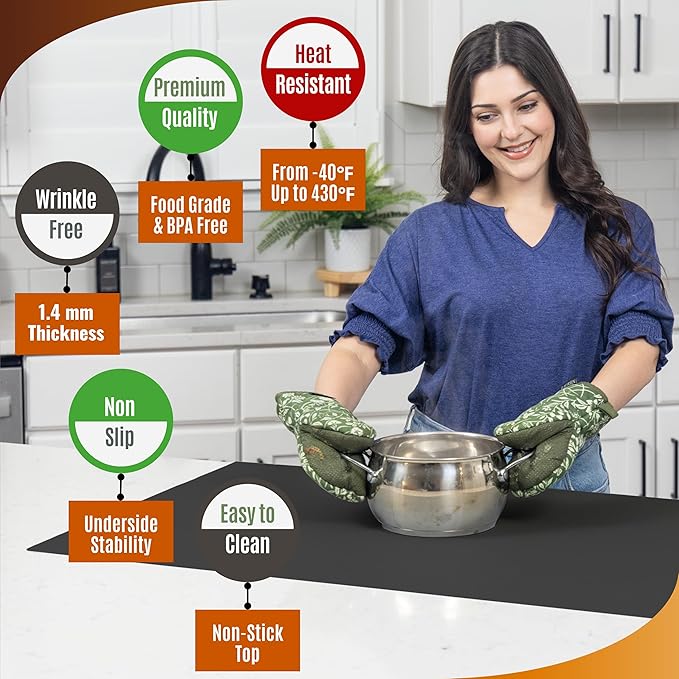 Silicone Mat for Kitchen Counter with "Edge Protection" – Quartz Countertop Protector Mats – Silicone Heat Resistant Mat – No Folds or Wrinkles – 1.4mm Thick, 24"x16", Black