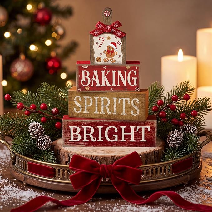 Lineshading 4 Pcs Gingerbread Baking Wood Block Signs, Farmhouse Decor | Rustic Tiered Tray Decor with Phrases, For Christmas Kitchen or Holiday Tabletop, Wooden Farmhouse Style