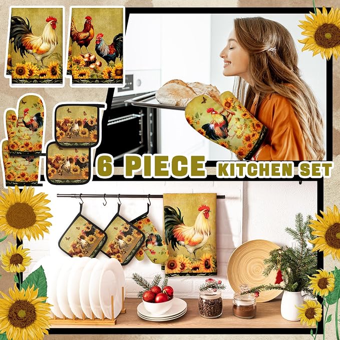 Leinuosen 6 Sunflower Rooster Farmhouse Kitchen Decor Dish Towels Oven Mitts and Pot Holders Sets Chicken Kitchen Towels Absorbent Decorative Accessories for Cooking Baking Grilling