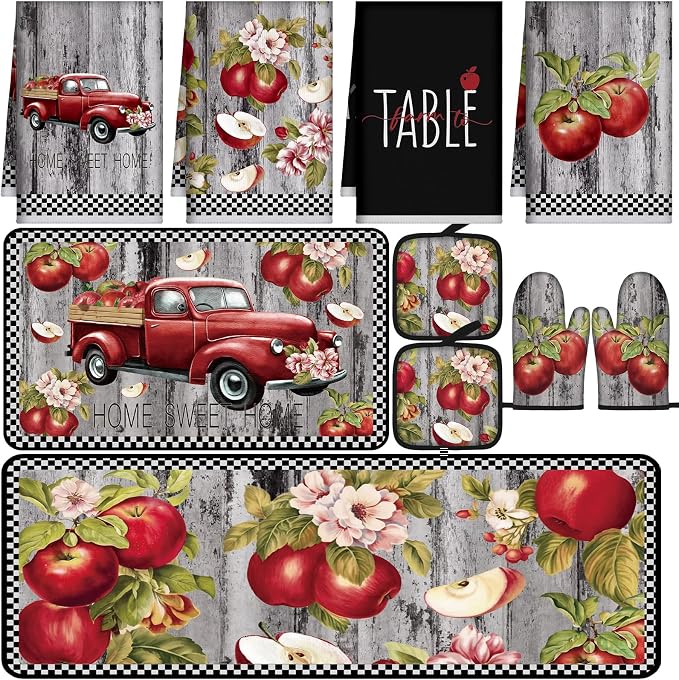 Fourluoo 10 Pcs Apple Kitchen Decor Set Apple Kitchen Rugs and Towels Oven Mitts and Pot Holders Sets for for Cooking Baking Mom Housewarming Gifts
