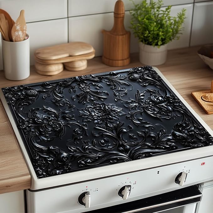 HOMETITUTE Stove Top Cover 28x20 Black Baroque Floral Diatomite Mat