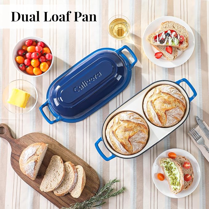 Cast Iron Bread Pan with Lid, Mini Enamel Sourdough Baking Dutch Oven Pot, Double Round Loaf Space for Homemade, Bread, Cake, Meatloaf, 16.5cm Diameter, 500°F Oven Safe, Non Stick, Blue