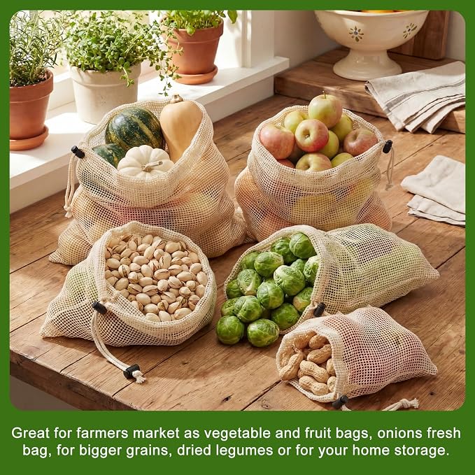 10 Pcs 17 x 14 in Reusable Produce Bags Grocery Washable, Cotton Mesh Produce Bags Plastic Free, Drawstring Closure, Double-stitched Organic Cotton Mesh Grocery Bag for Vegetables Fruit Onions